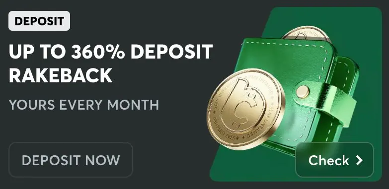 Deposit rakeback promotion offering up to 360 percent bonus every month with green wallet and gold coin