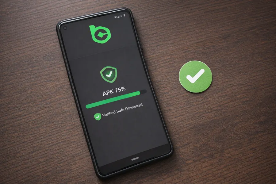Android phone screen showing APK download progress bar and security verification checkmark